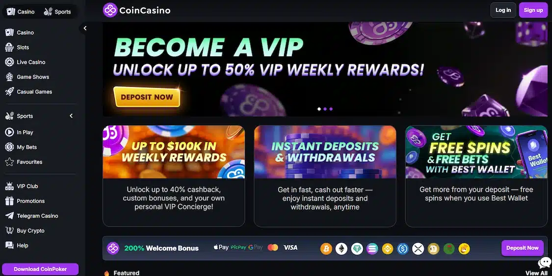 coincasino forside med bonustilbud til nye spillere