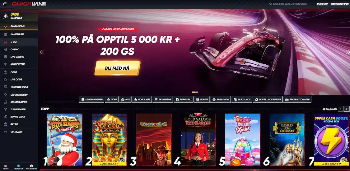 Quickwin forside med bonustilbud til nye spillere