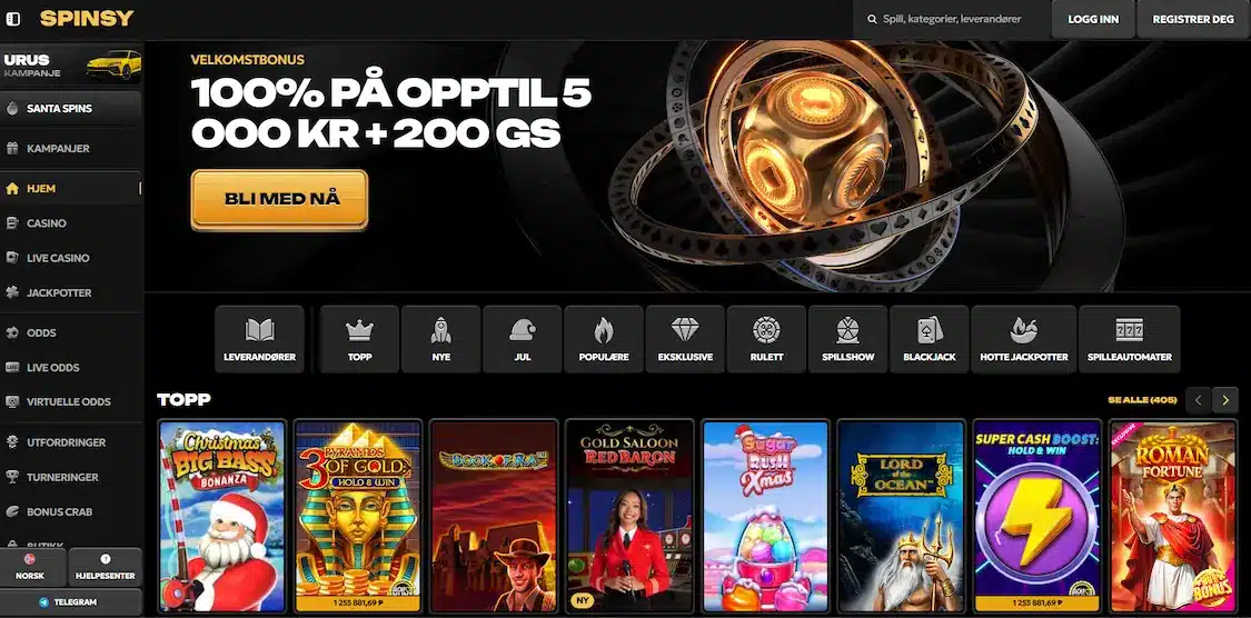 spinsy casino forside med ny layout og design for mobil