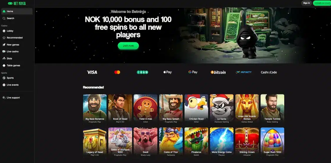 Bet Ninja forside med bonuser og populære spill