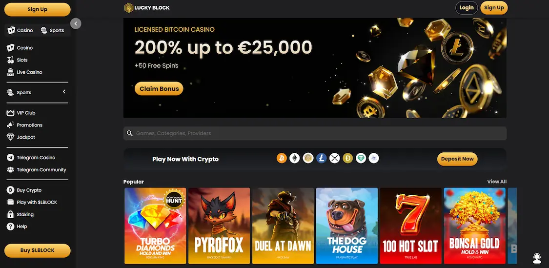 Lucky Block forside med bonuskampanjer og spillutvalg