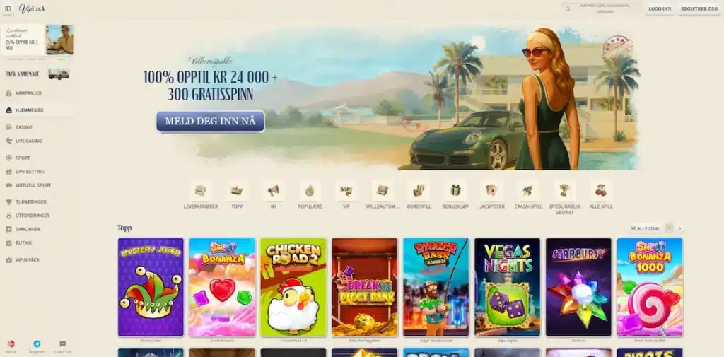 VIP Luck forside med betalingsmetoder for raske uttak